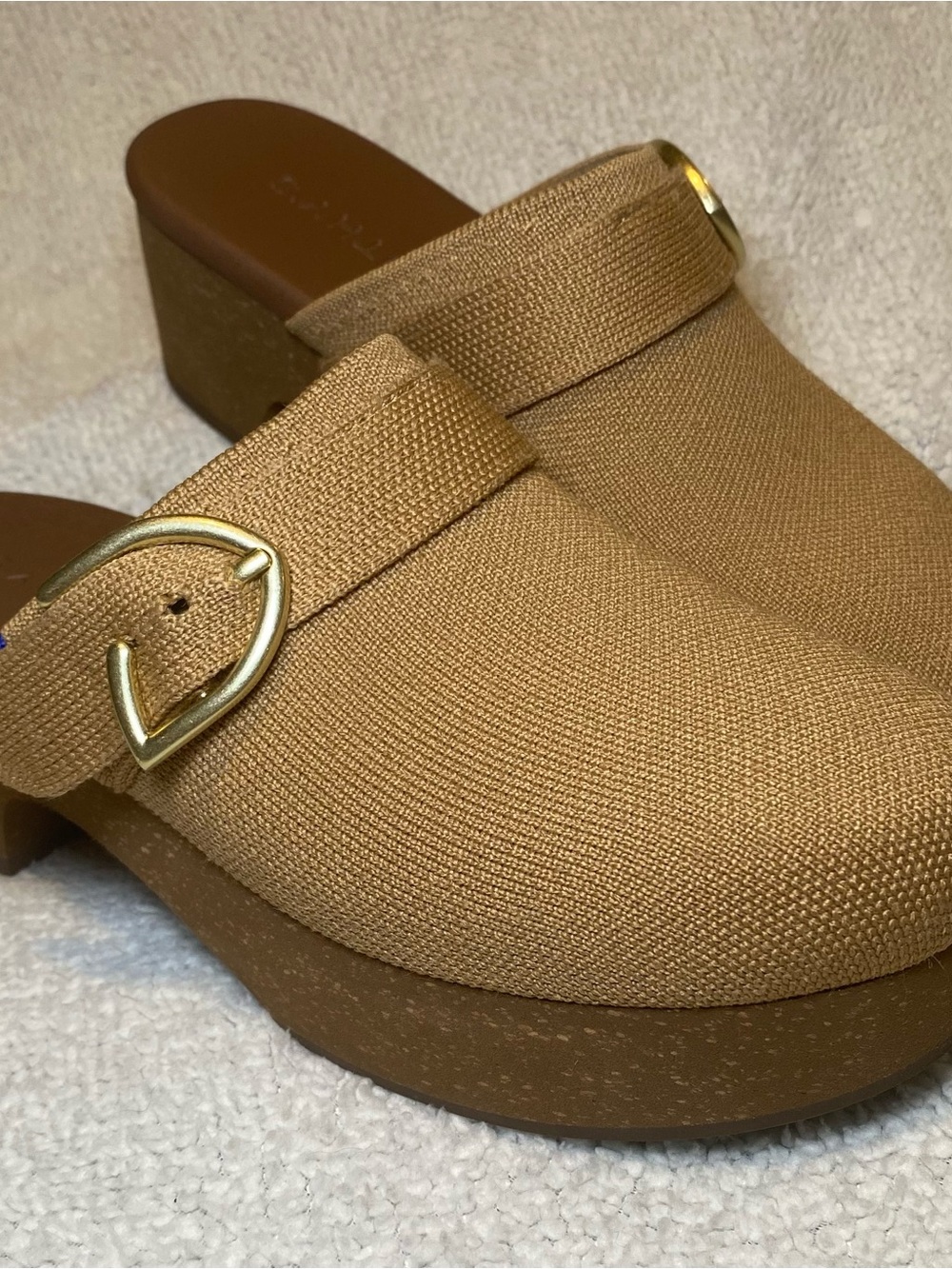 Rothy's Tan Textured Clog Mules with Gold Buckle